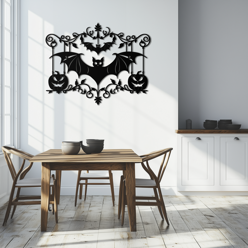 Halloween Bat Pumpkin Metal Wall Art – Spooky Jack-O'-Lantern Steel Decor- KAF328