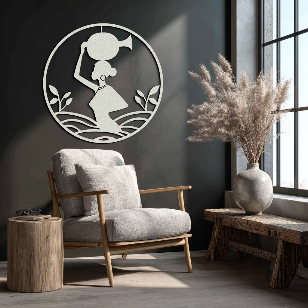 African Woman Carrying Vase Metal Wall Art – Tribal Silhouette Steel Decor for Cultural and Ethnic Interiors- KAF342