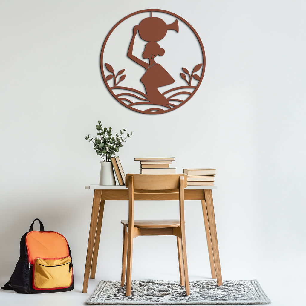 African Woman Carrying Vase Metal Wall Art – Tribal Silhouette Steel Decor for Cultural and Ethnic Interiors- KAF342