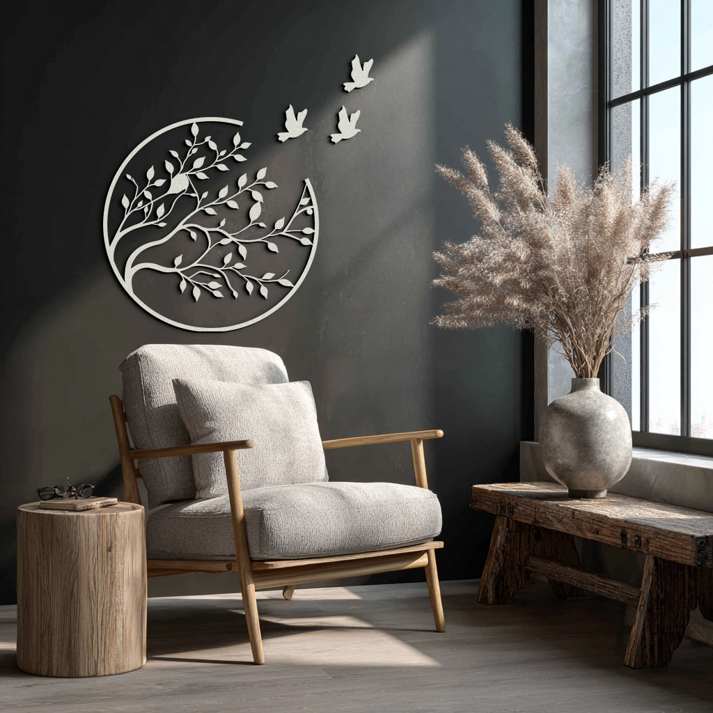 Flying Birds from Branch Metal Wall Art – Nature-Inspired Silhouette Steel Decor for Elegant Interiors- KAF343