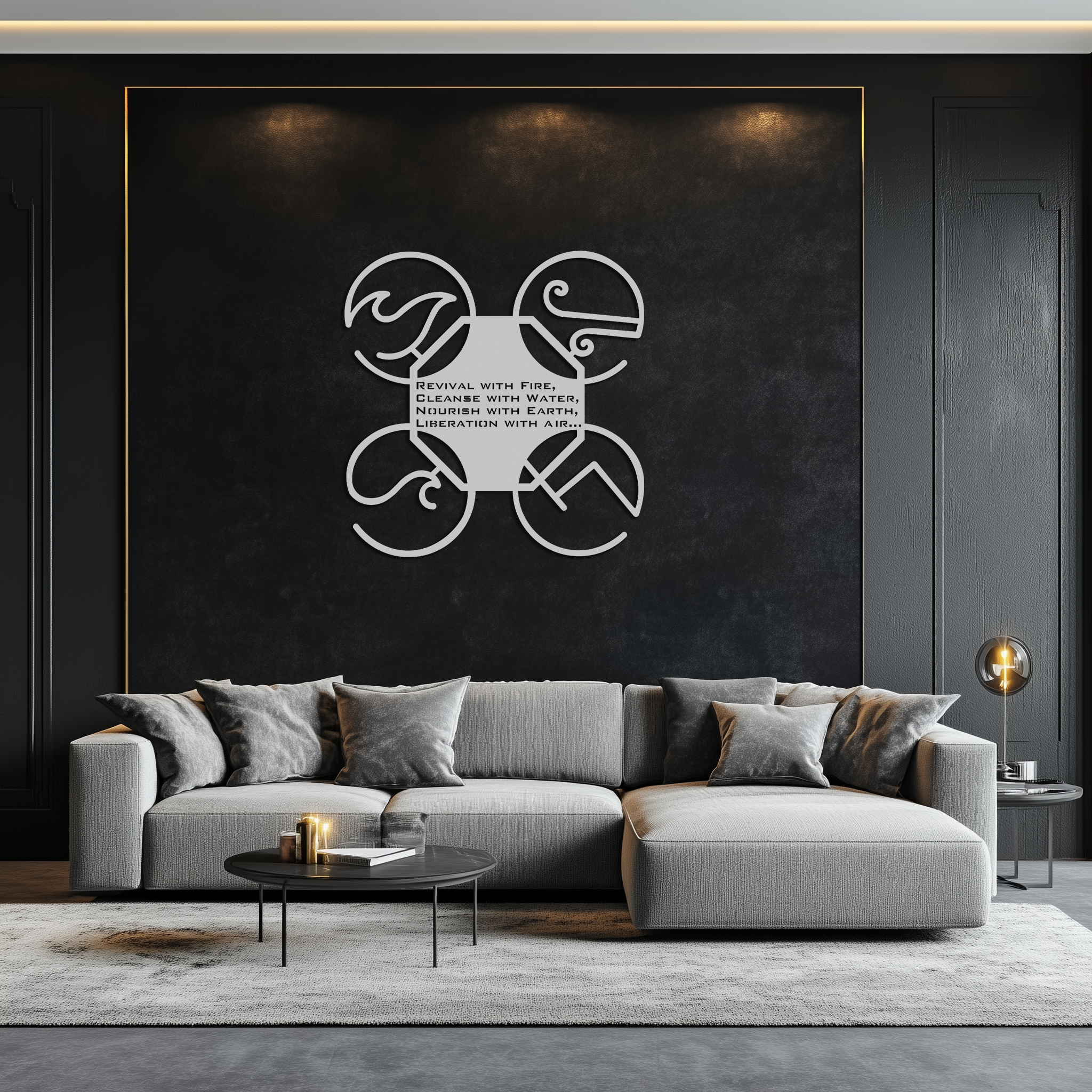 Four Elements Motto Metal Wall Art – Earth, Air, Fire, Water Steel Silhouette for Modern Spiritual Decor- KAF344