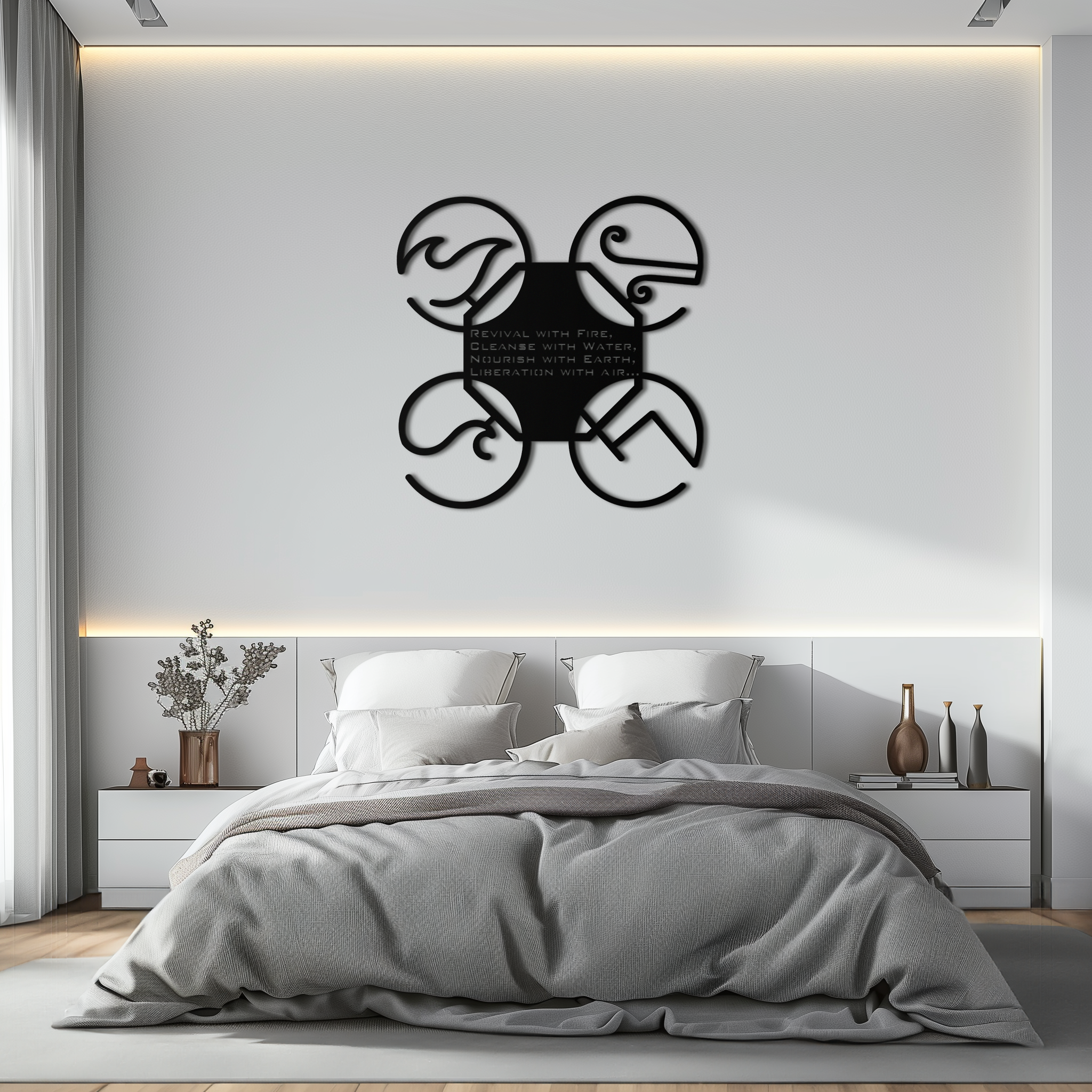 Four Elements Motto Metal Wall Art – Earth, Air, Fire, Water Steel Silhouette for Modern Spiritual Decor- KAF344