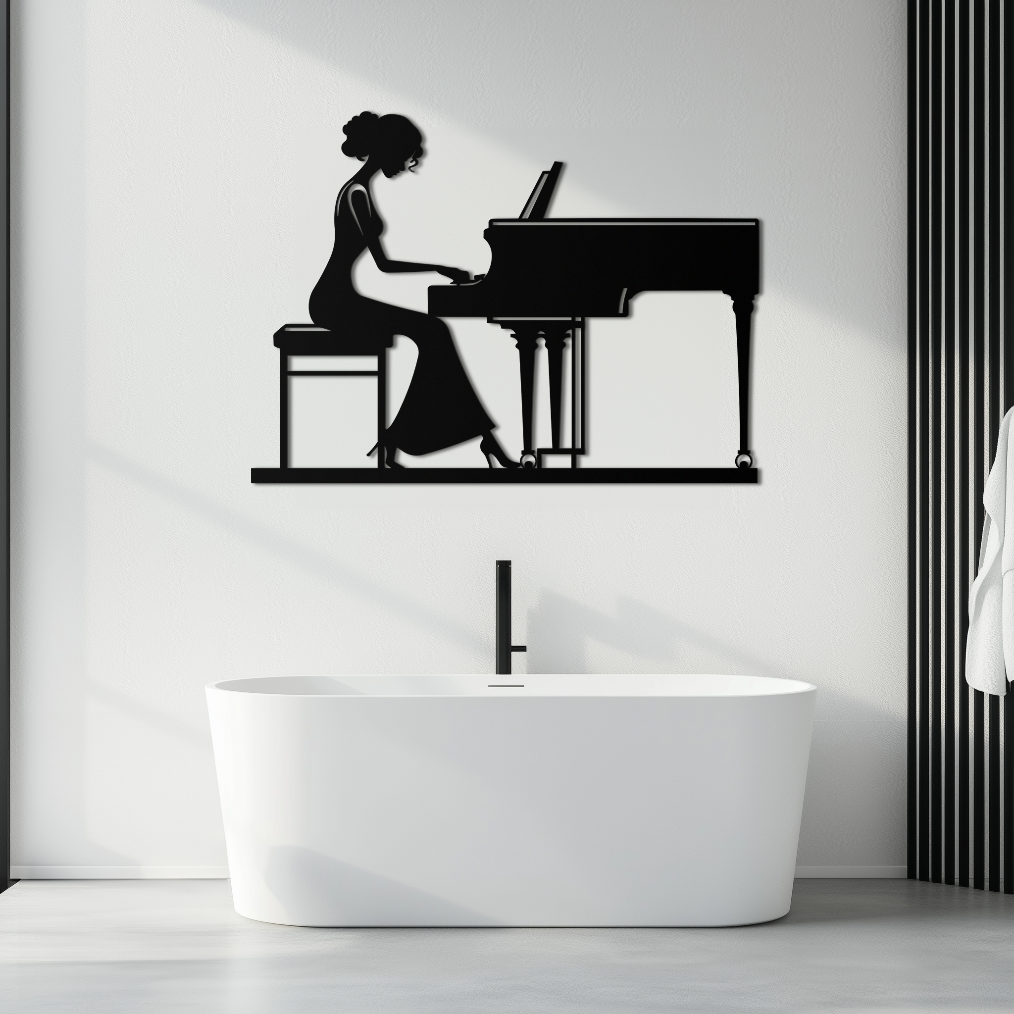 Pianist Woman Metal Wall Art – Elegant Music-Inspired Steel Silhouette for Modern Home Decor- KAF345