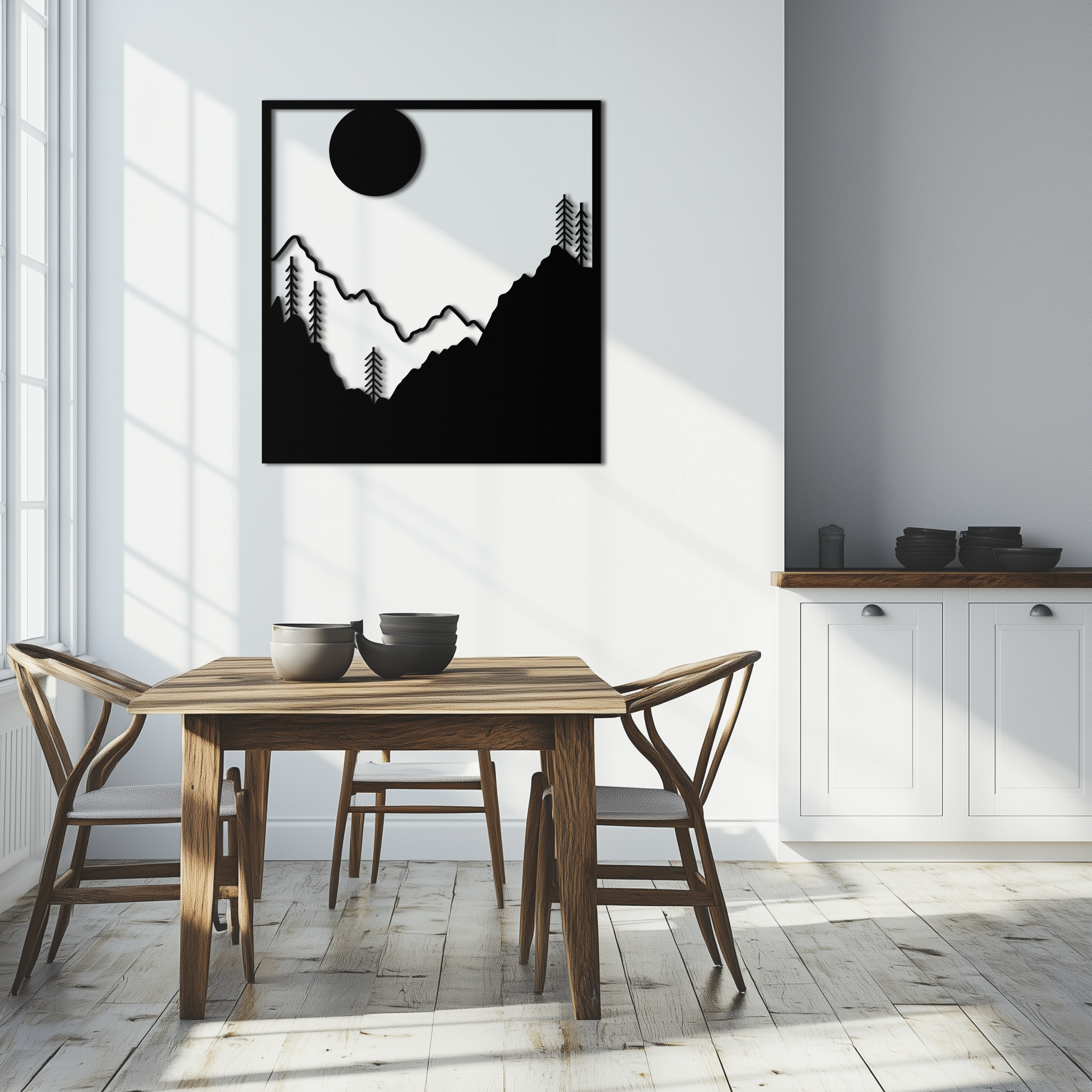 Moonlit Mountain Landscape Metal Wall Art – Modern Square Forest Scene Silhouette for Rustic Nature Decor- KAF346