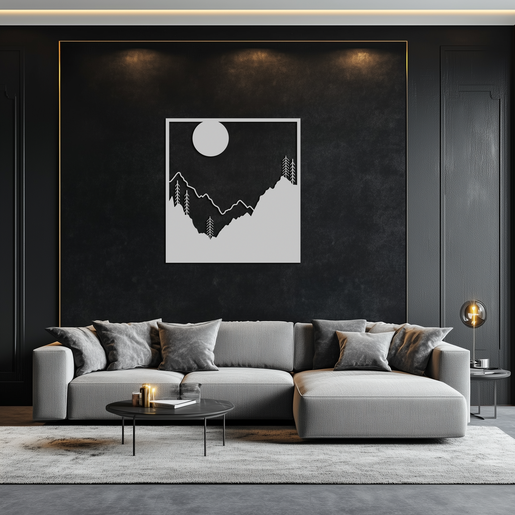 Moonlit Mountain Landscape Metal Wall Art – Modern Square Forest Scene Silhouette for Rustic Nature Decor- KAF346
