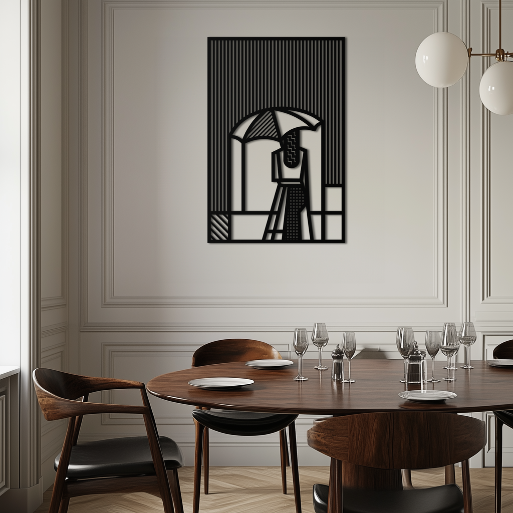 Woman with Umbrella Abstract Metal Wall Art – Modern Rainy Day Silhouette Steel Decor- KAF354