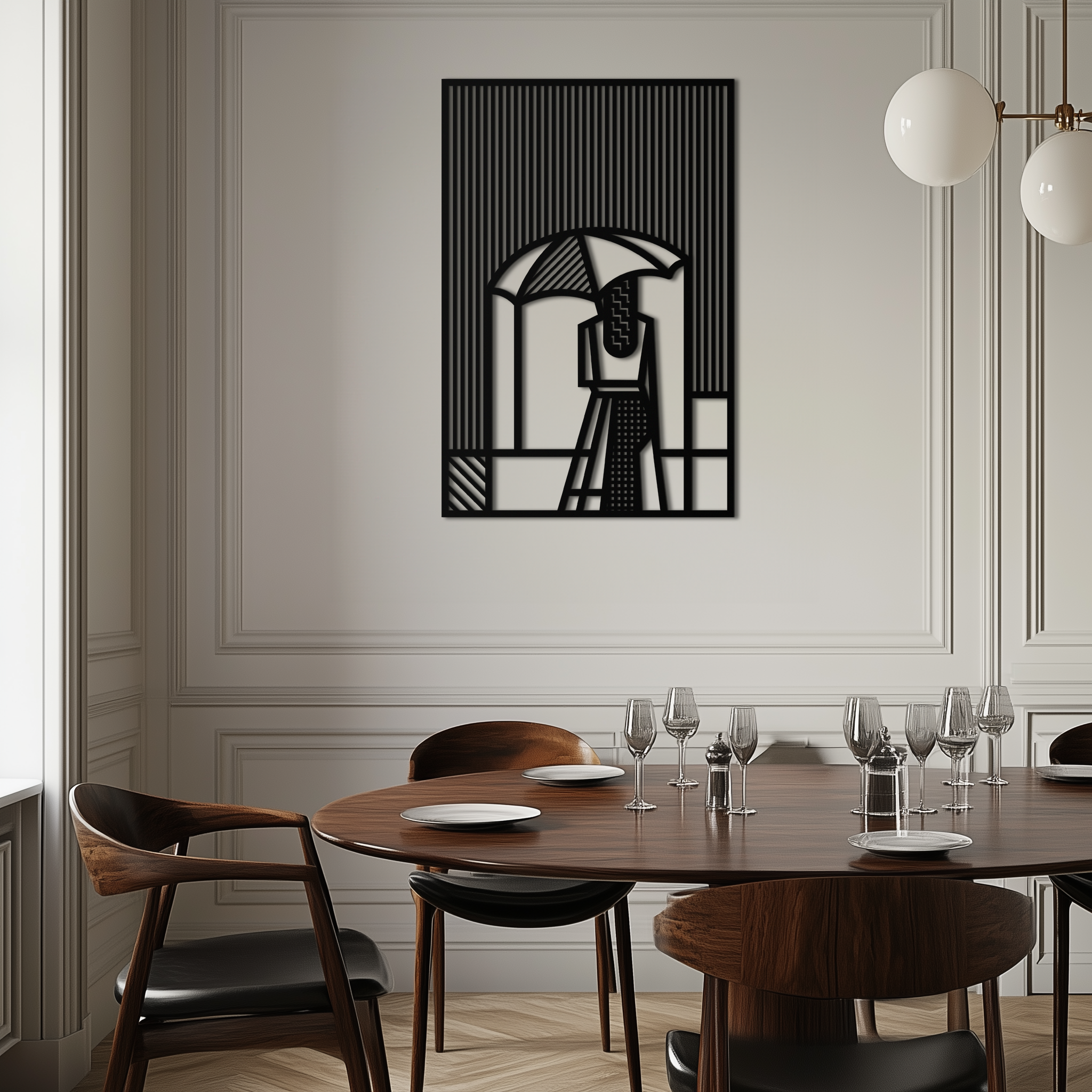 Woman with Umbrella Abstract Metal Wall Art – Modern Rainy Day Silhouette Steel Decor- KAF354