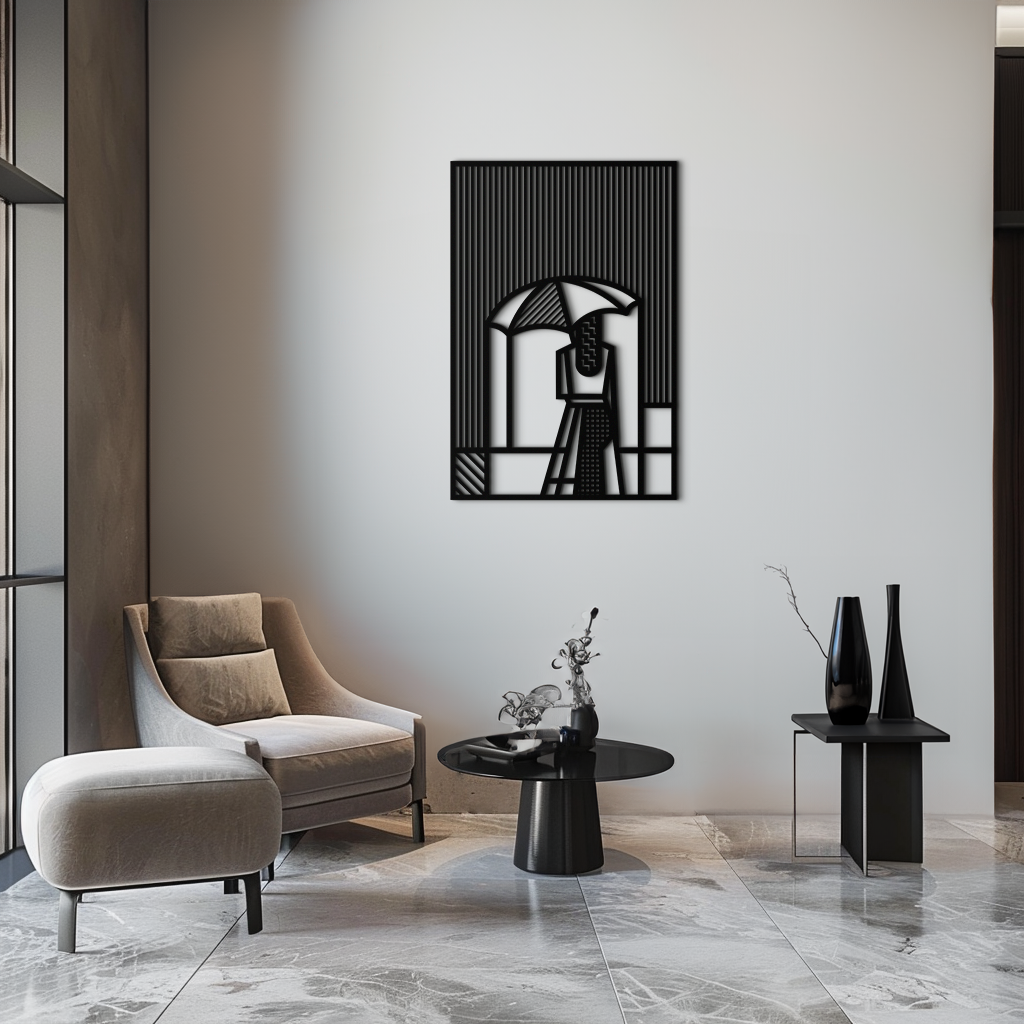 Woman with Umbrella Abstract Metal Wall Art – Modern Rainy Day Silhouette Steel Decor- KAF354