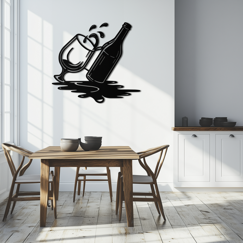 Wine Bottle and Glass Metal Wall Art – Modern Bar Decor with Splash Effect for Kitchen or Lounge Spaces- KAF356