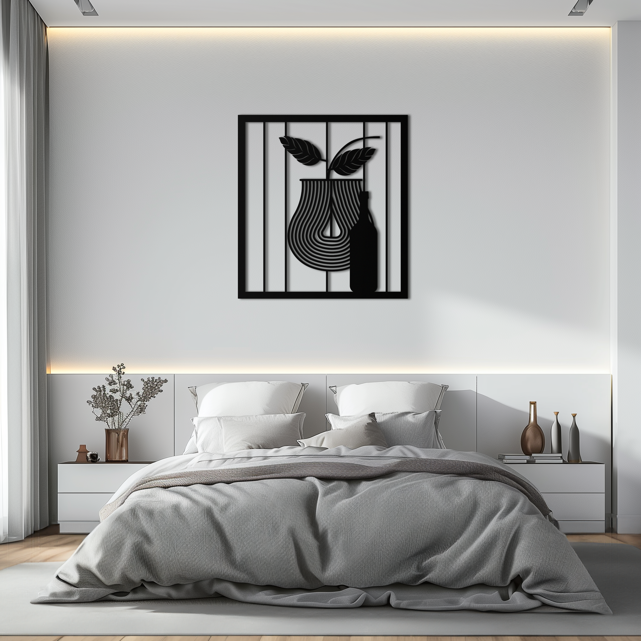 Bottle and Leaf Metal Wall Art – Modern Abstract Home Decor for Kitchen or Dining Room- KAF358
