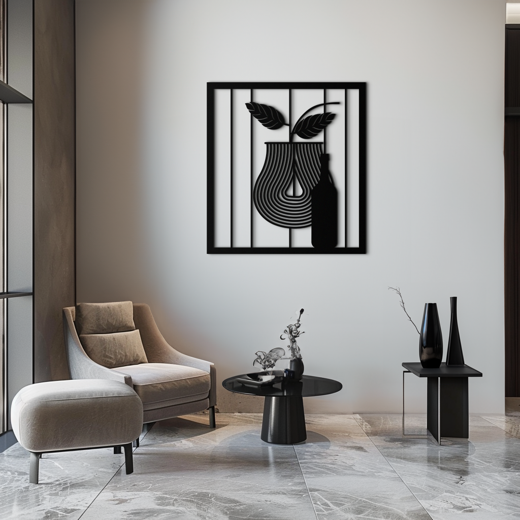 Bottle and Leaf Metal Wall Art – Modern Abstract Home Decor for Kitchen or Dining Room- KAF358