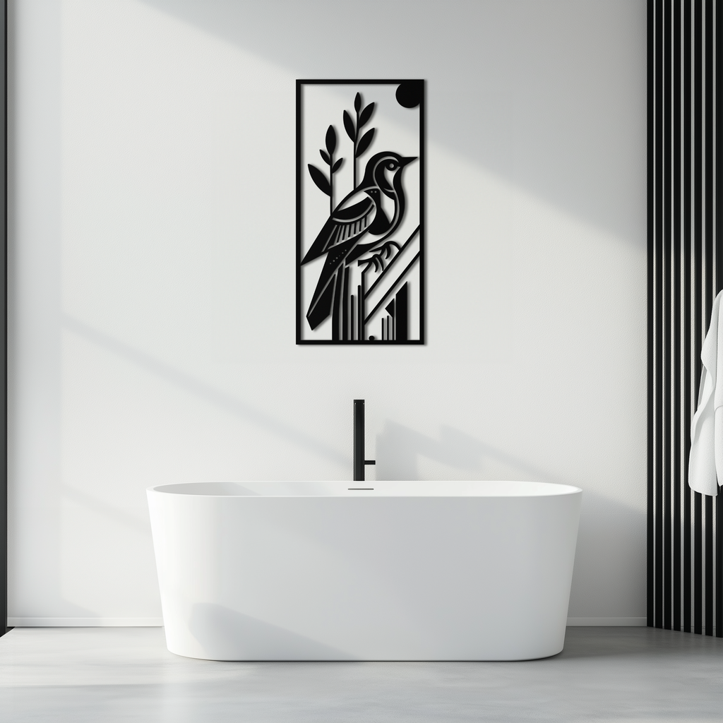 Bird & Nature Panel Metal Wall Art – Minimalist Vertical Steel Decor- KAF369