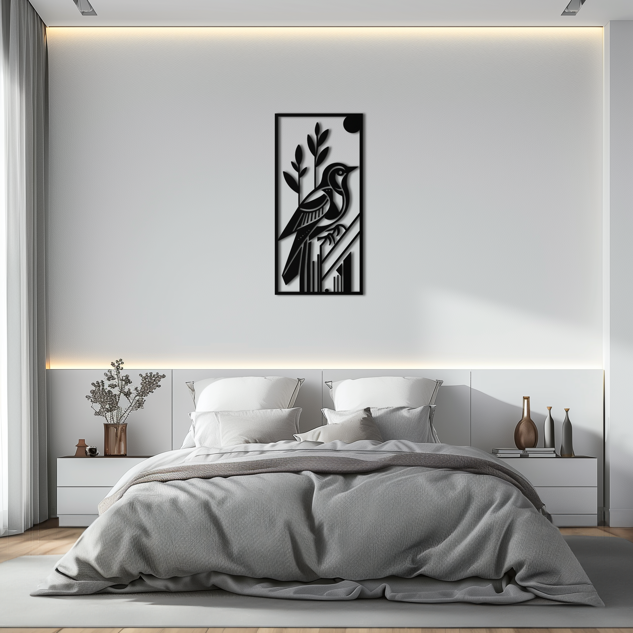 Bird & Nature Panel Metal Wall Art – Minimalist Vertical Steel Decor- KAF369