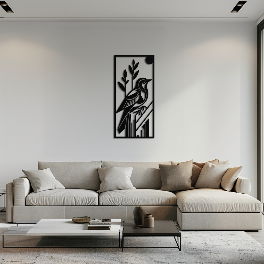 Bird & Nature Panel Metal Wall Art – Minimalist Vertical Steel Decor- KAF369