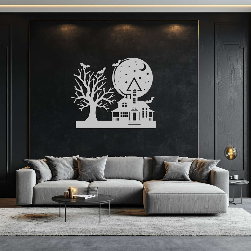 Haunted House and Bat Halloween Metal Wall Art – Spooky Full Moon Scene in Matte Black- KAF370