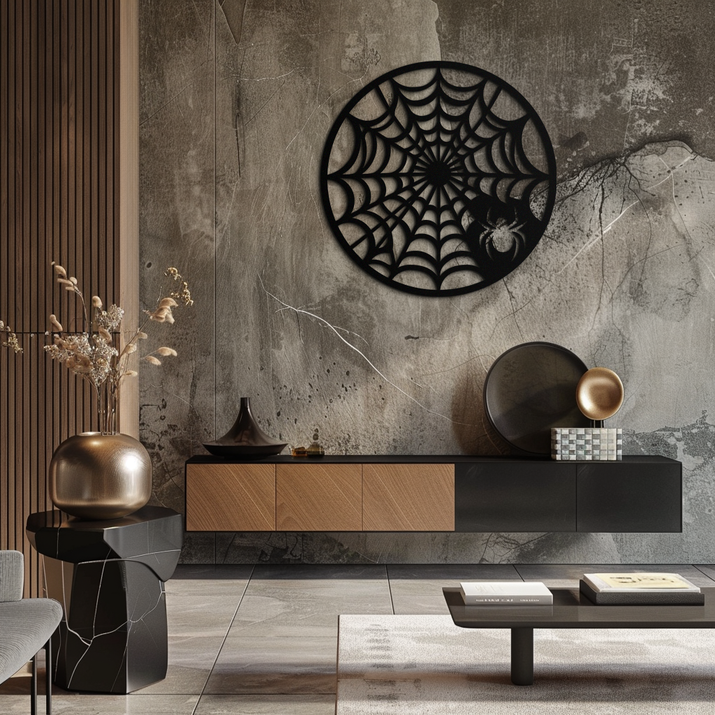 Spider Web Metal Wall Art – Round Halloween Spider Decoration- KAF372