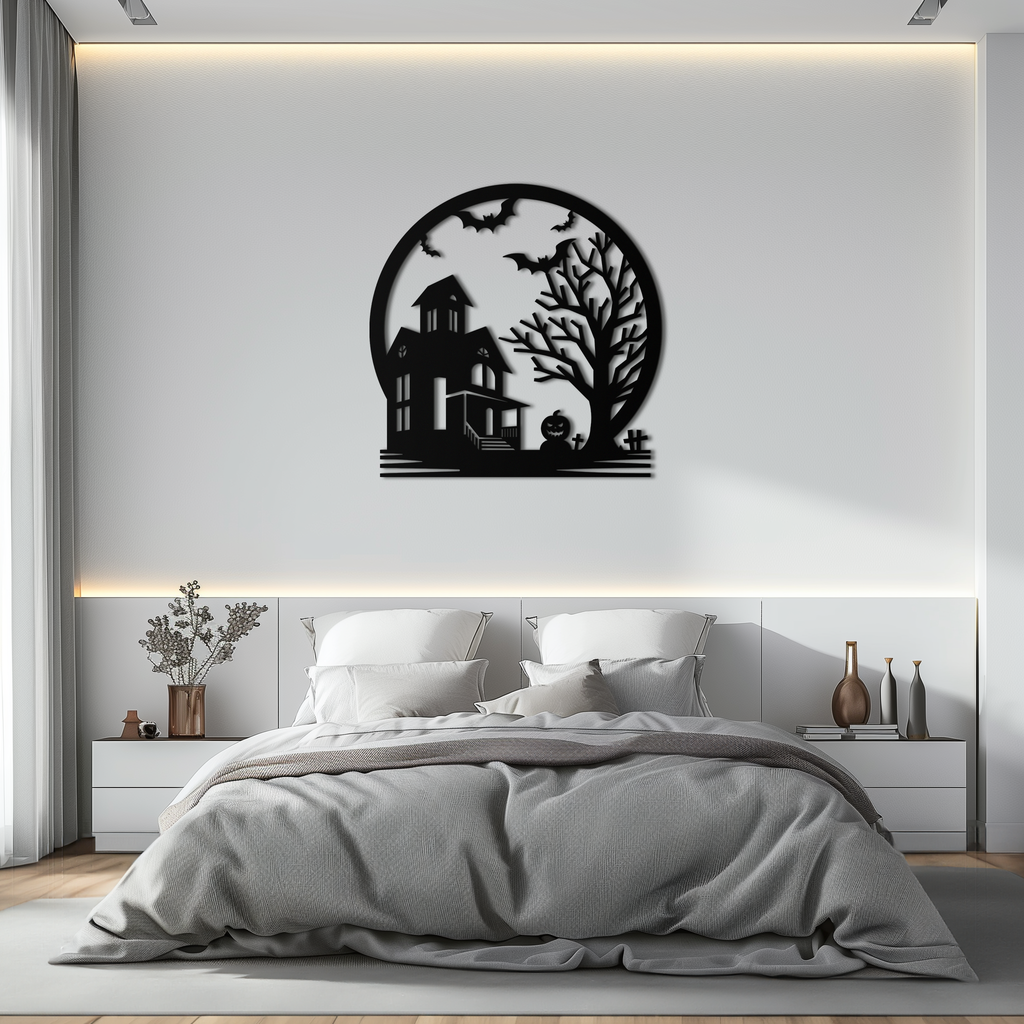 Haunted House & Bat Scene Metal Wall Art – Spooky Halloween Decor- KAF373