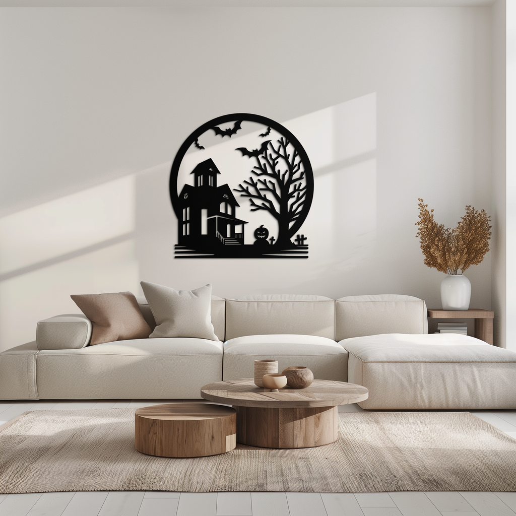 Haunted House & Bat Scene Metal Wall Art – Spooky Halloween Decor- KAF373