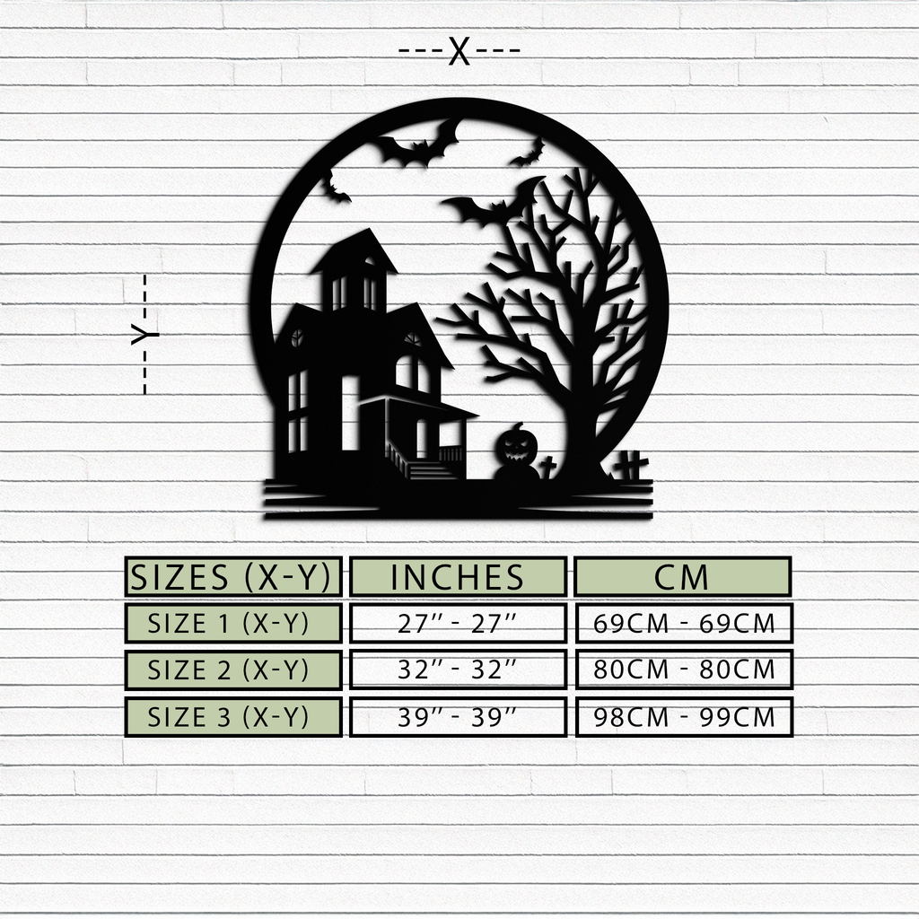 Haunted House & Bat Scene Metal Wall Art – Spooky Halloween Decor- KAF373