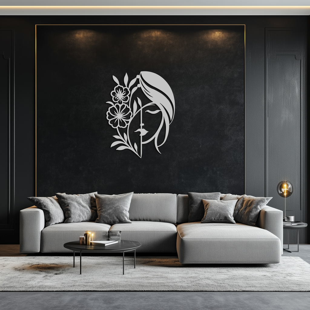 Woman with Flower Metal Wall Art – Elegant Female Silhouette Steel Decor- KAF385