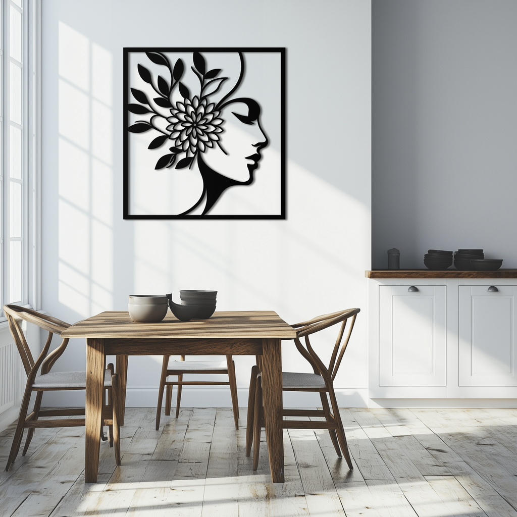 WOMAN WITH FLOWER Metal Wall Art – Modern Silhouette Steel Decor- KAF387