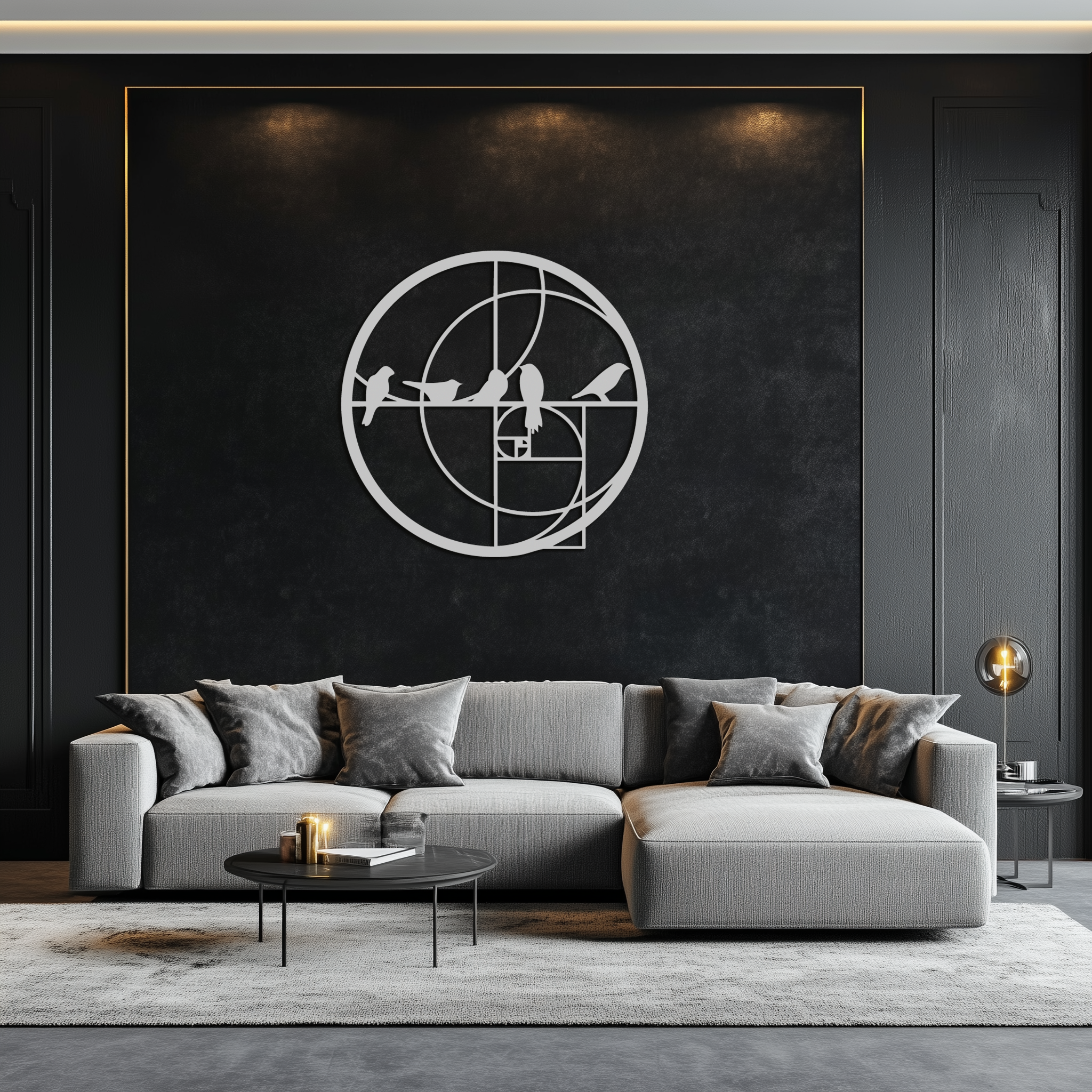 Golden Ratio Birds Metal Wall Art – Fibonacci Spiral and Birds Silhouette Black Steel Decor for Modern Interiors- KAF410