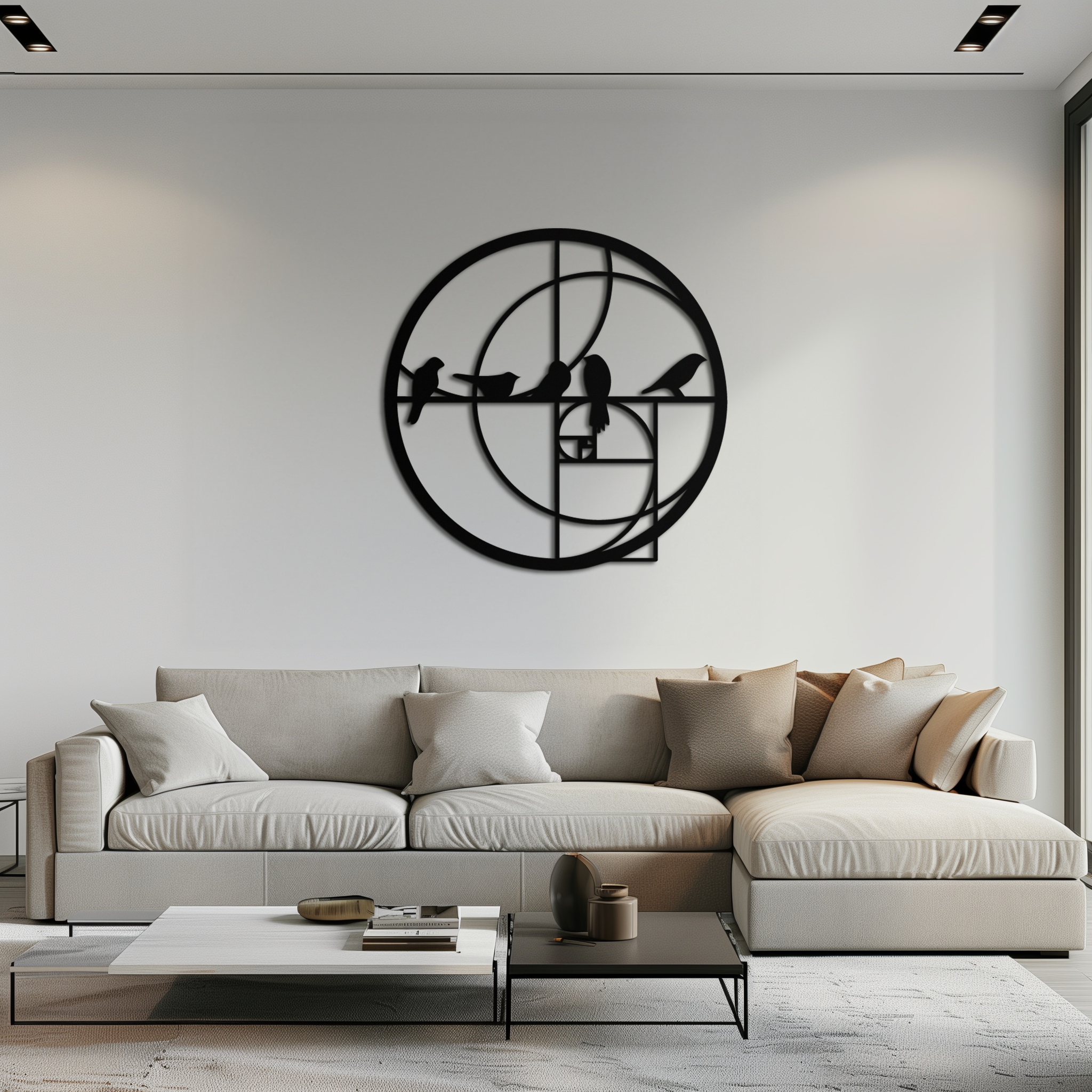 Golden Ratio Birds Metal Wall Art – Fibonacci Spiral and Birds Silhouette Black Steel Decor for Modern Interiors- KAF410