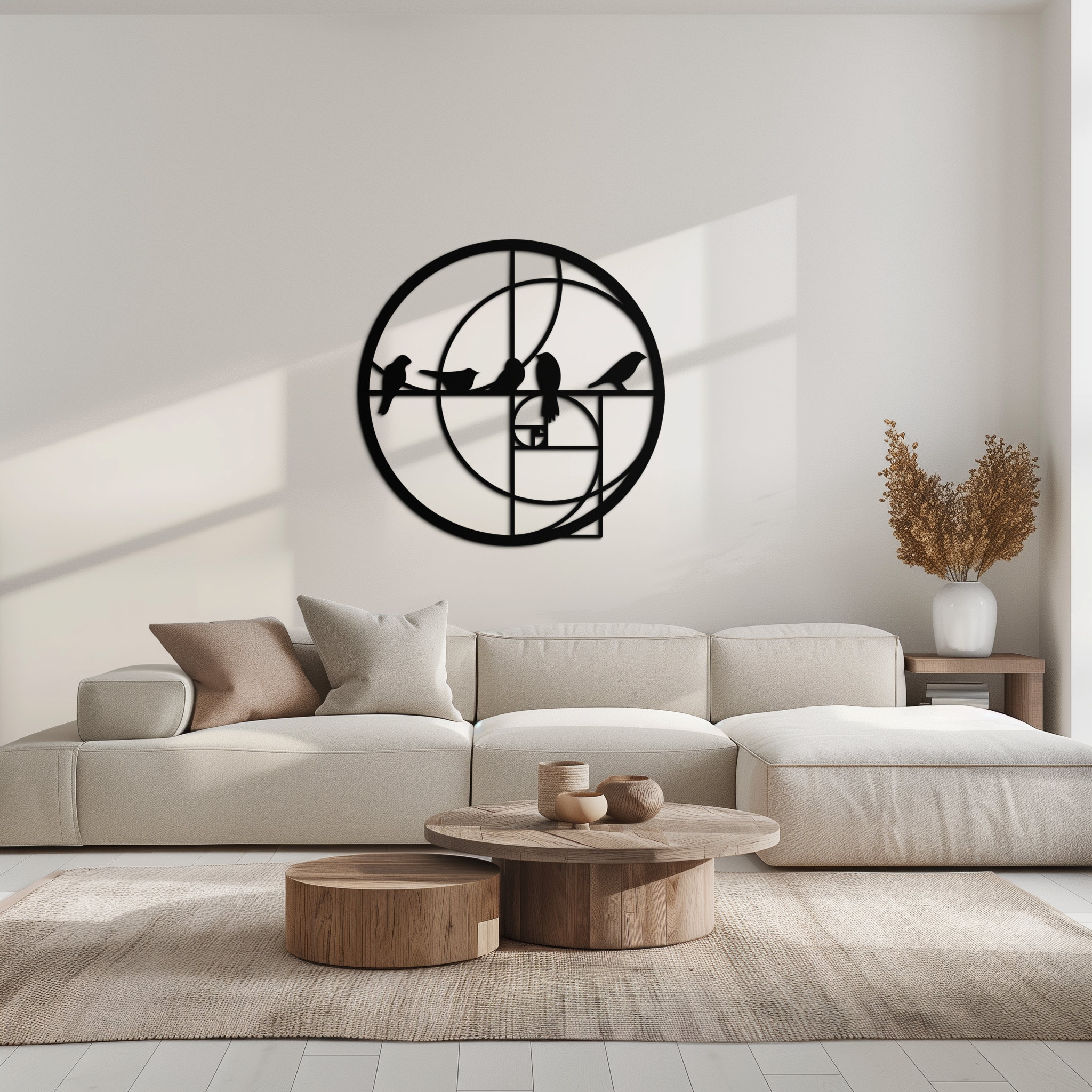 Golden Ratio Birds Metal Wall Art – Fibonacci Spiral and Birds Silhouette Black Steel Decor for Modern Interiors- KAF410