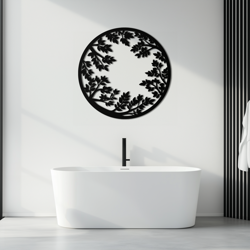 Round Leafy Branches Metal Wall Art – Nature Inspired Circular Black Steel Decor for Modern Interior and Garden- KAF411