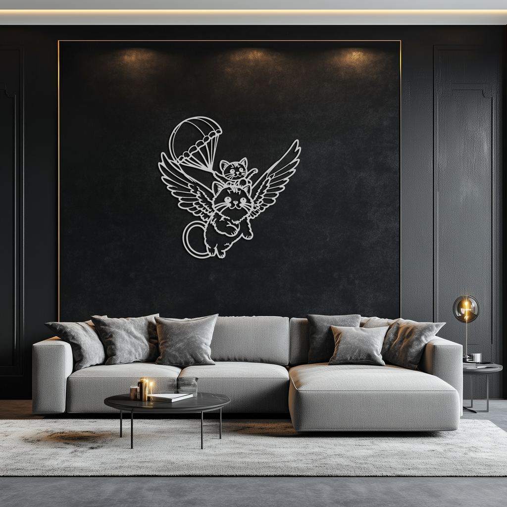 Flying Cats with Parachute Metal Wall Art – Adorable Winged Cat & Kitten Steel Decor for Kids Room and Nursery- KAF413