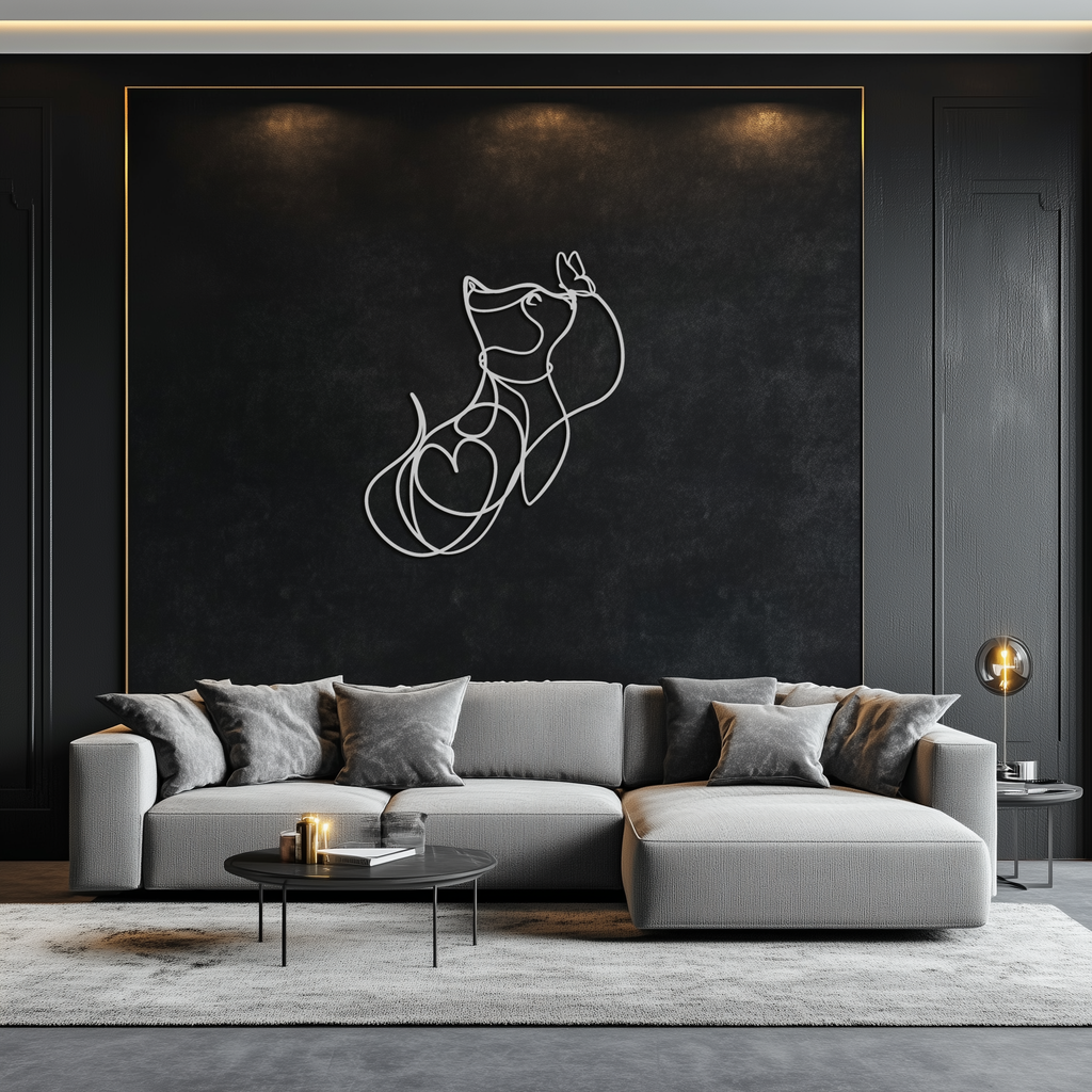 Dog and Butterfly Line Art Metal Wall Decor – Minimalist Pet Silhouette Black Steel Artwork for Home Interiors- KAF414