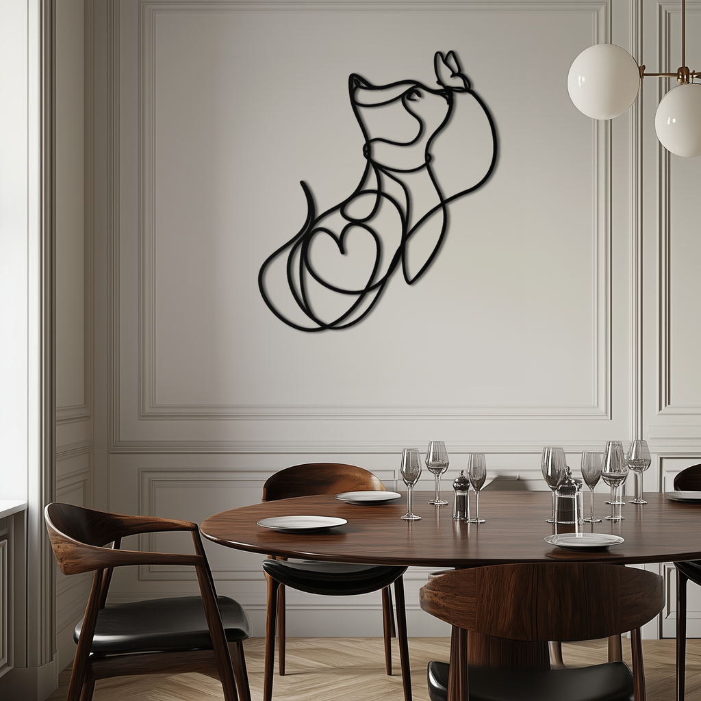 Dog and Butterfly Line Art Metal Wall Decor – Minimalist Pet Silhouette Black Steel Artwork for Home Interiors- KAF414