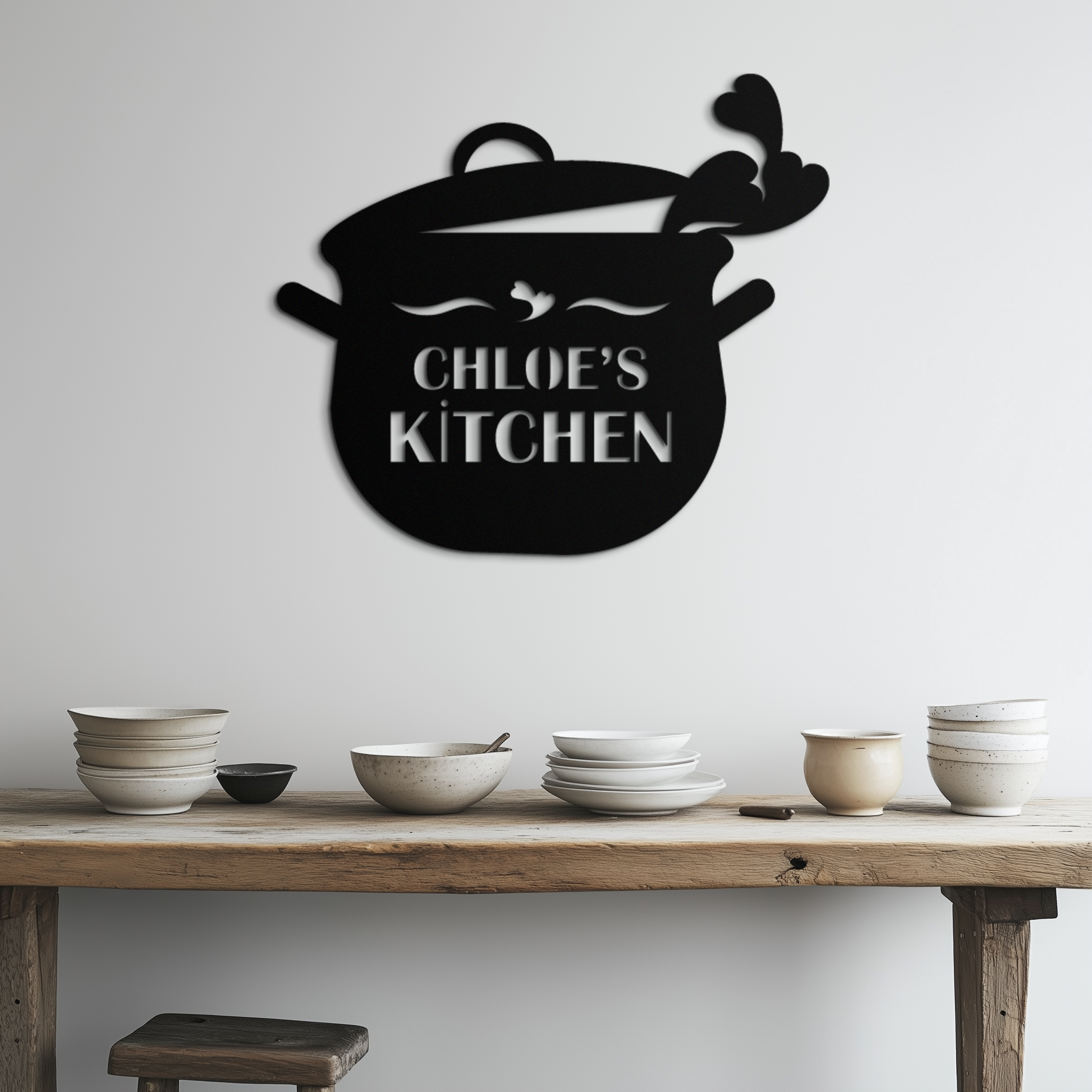 Cute Smiling Cooking Pot Metal Wall Art – Playful Kitchen Steel Decor with Heart Steam for Home and Café Interiors- KAF420
