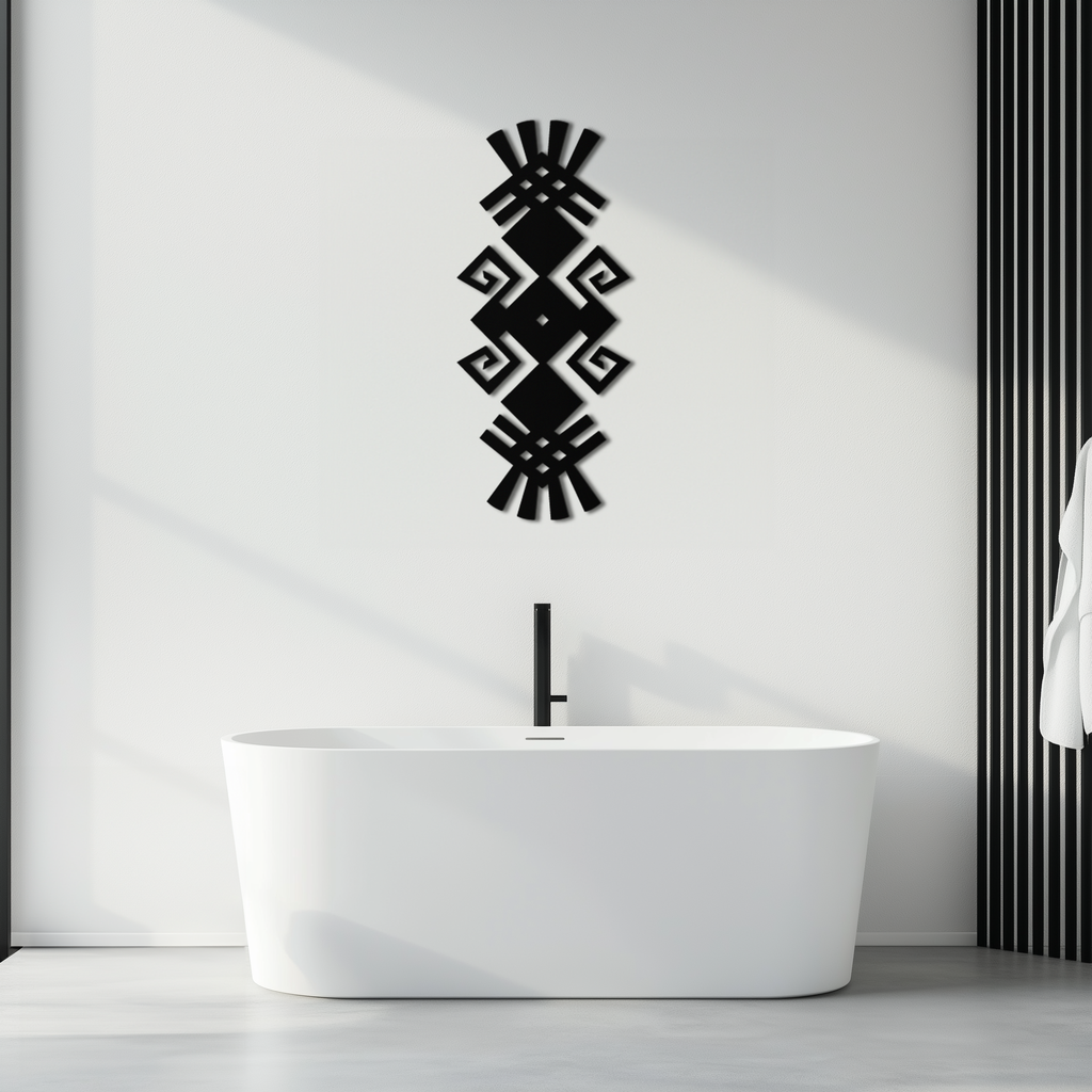 Tribal Ethnic Pattern Metal Wall Art – Abstract Geometric Black Steel Decor for Modern Bohemian Interiors- KAF432