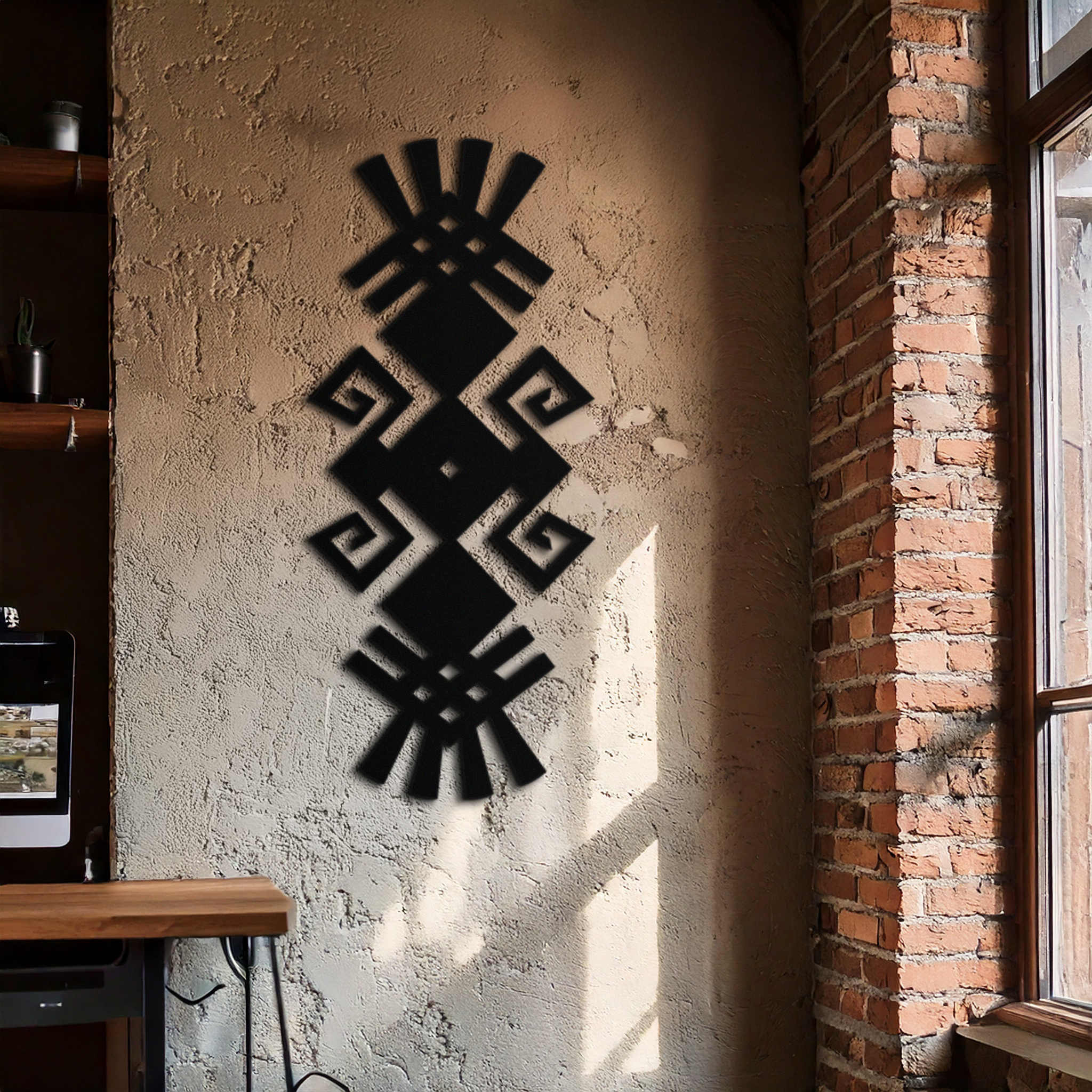 Tribal Ethnic Pattern Metal Wall Art – Abstract Geometric Black Steel Decor for Modern Bohemian Interiors- KAF432