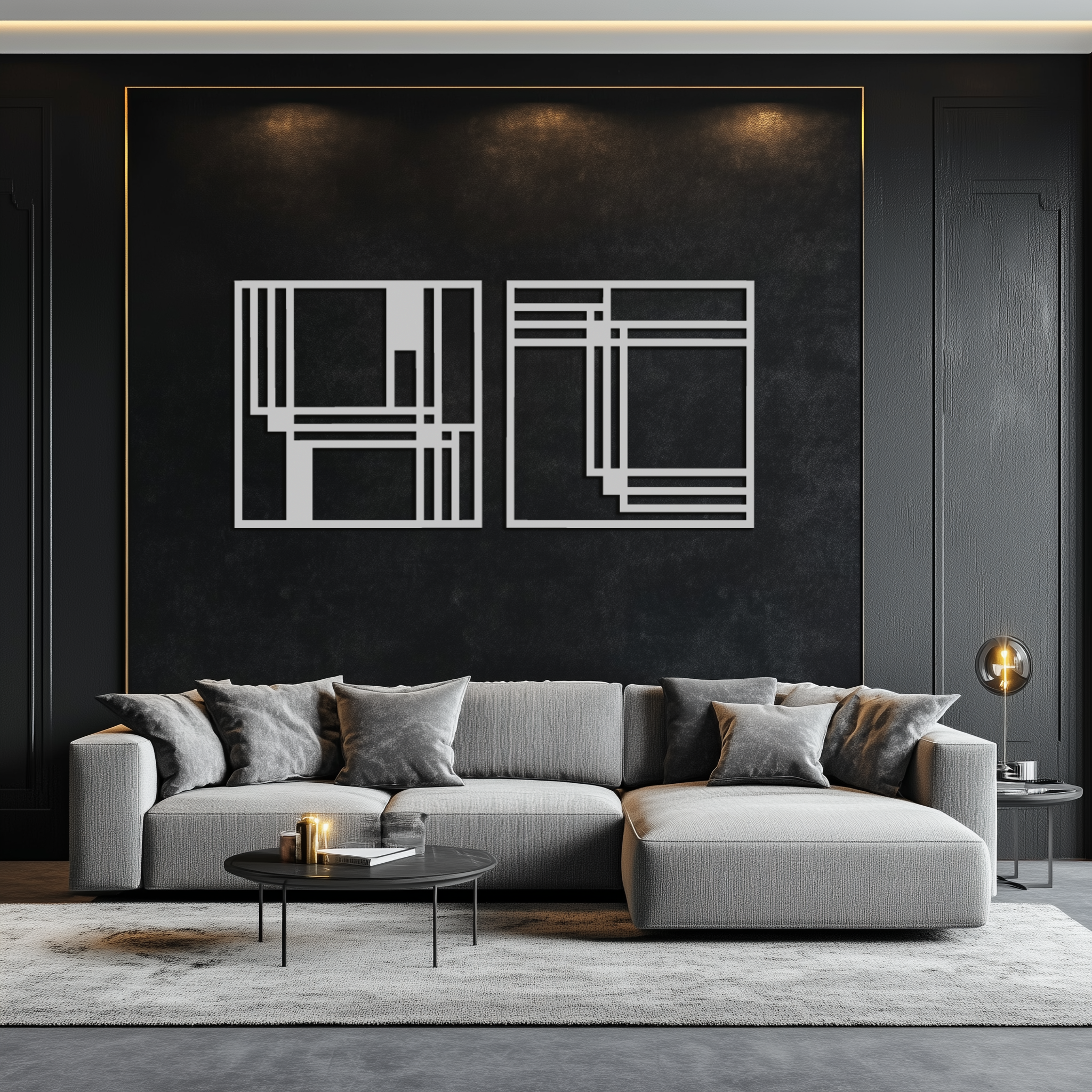Modern Abstract Rectangles Metal Wall Art – Geometric Minimalist Black Steel Decor, 2 Panel Set for Contemporary Interiors- KAF433