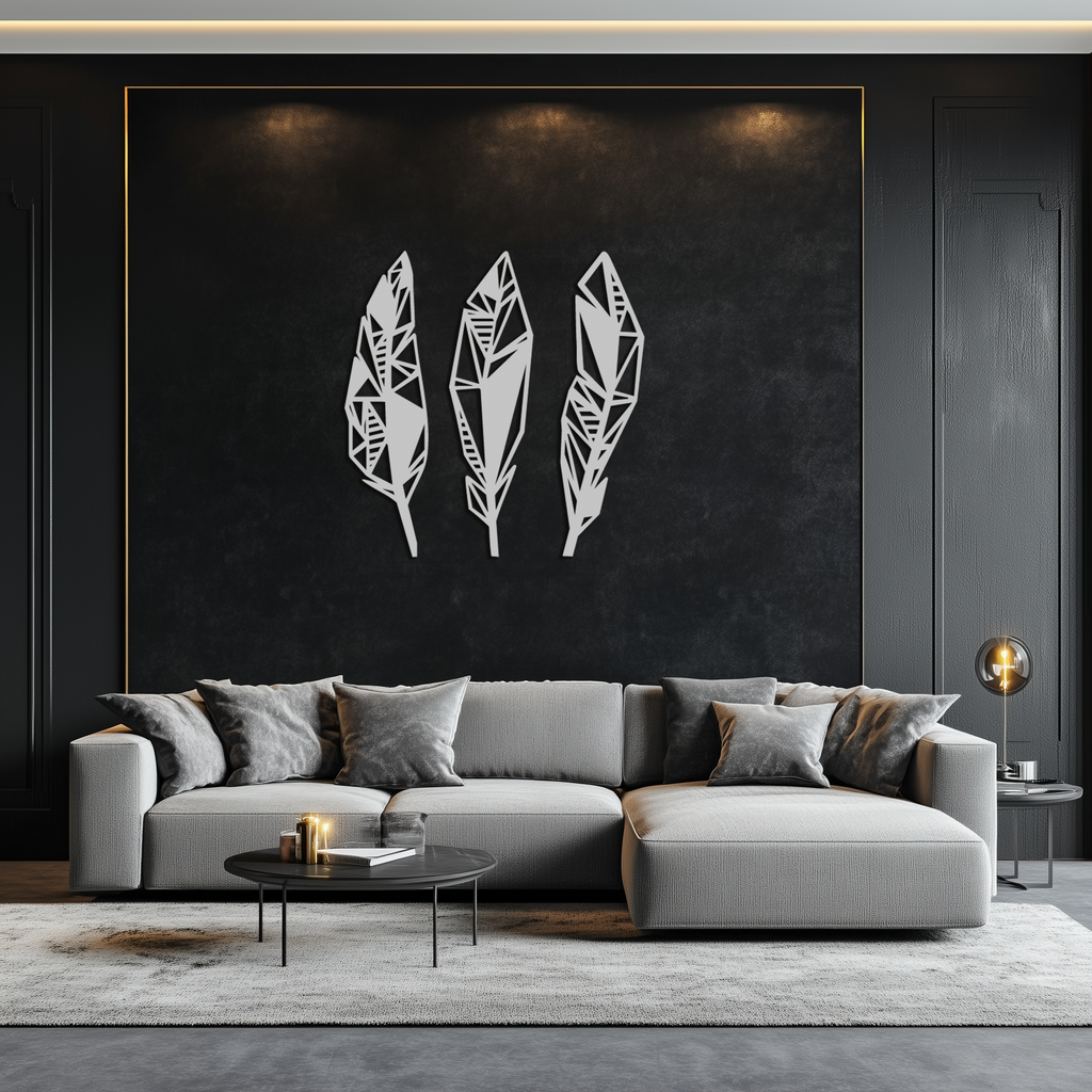 Geometric Feather Trio Metal Wall Art – Abstract Minimalist Black Steel Feather Set for Modern Bohemian Interiors- KAF434
