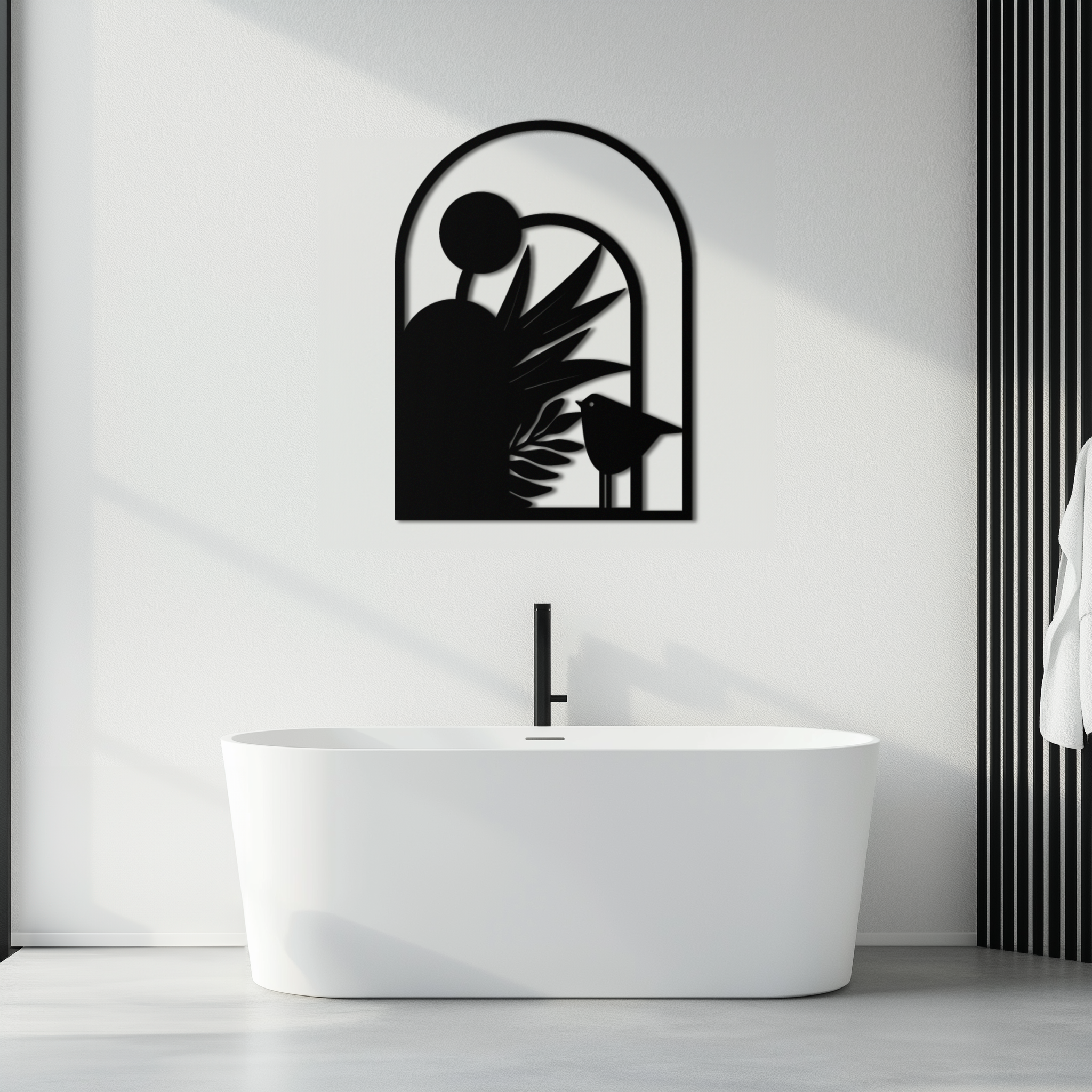 Modern Archway with Bird & Plants Metal Wall Art – Abstract Nature-Inspired Black Steel Decor for Contemporary Interiors- KAF438
