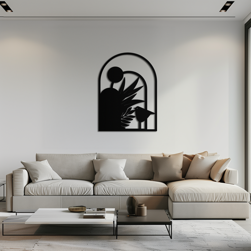 Modern Archway with Bird & Plants Metal Wall Art – Abstract Nature-Inspired Black Steel Decor for Contemporary Interiors- KAF438