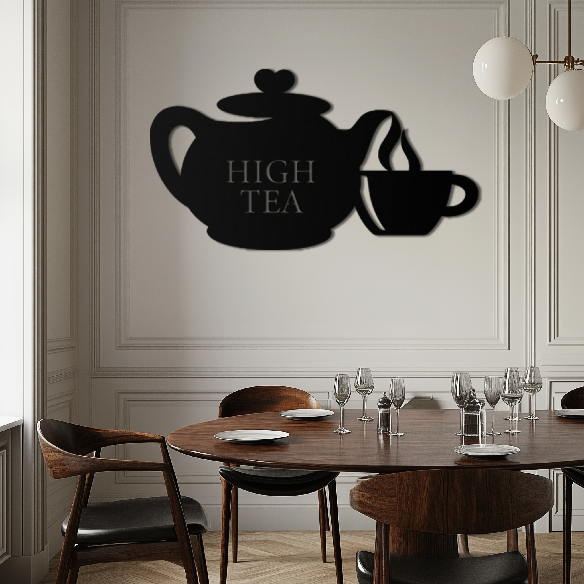 High Tea Teapot & Cup Metal Wall Art – Elegant Black Steel Tea-Time Decor for Kitchen, Café, and Dining Spaces- KAF440