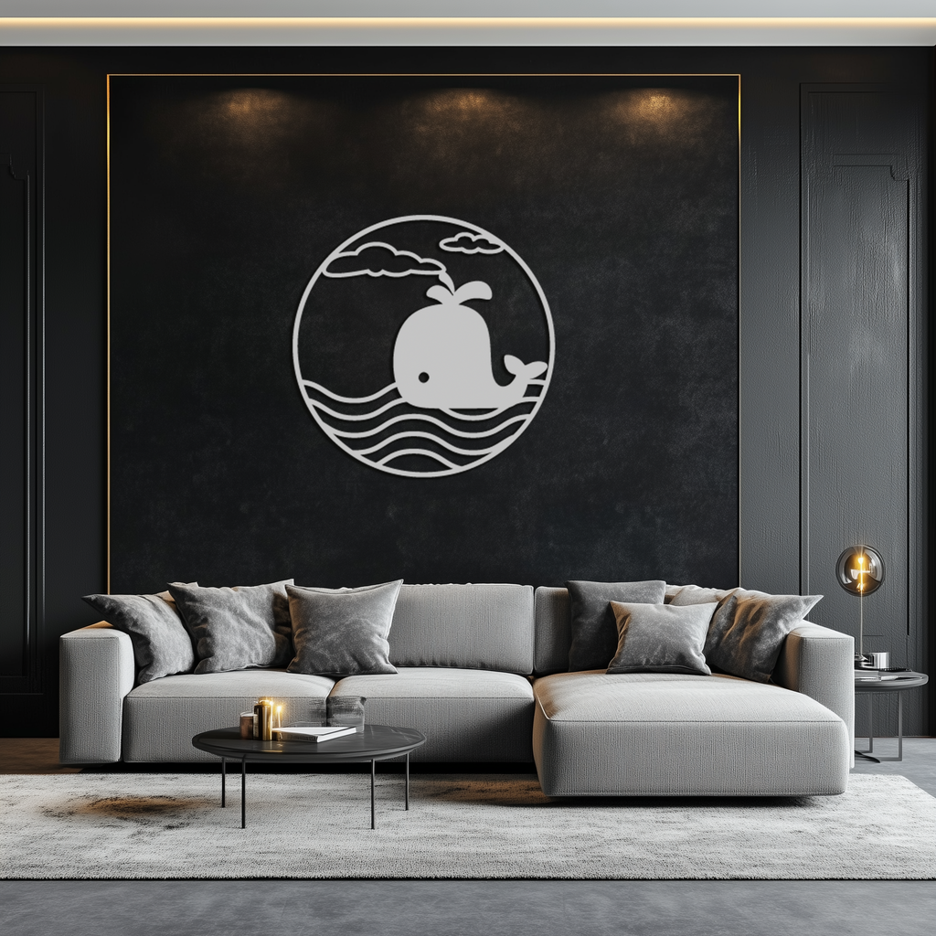 Cute Whale Ocean Scene Metal Wall Art – Playful Circular Black Steel Decor for Kids Rooms, Nurseries, and Coastal Interiors- KAF443