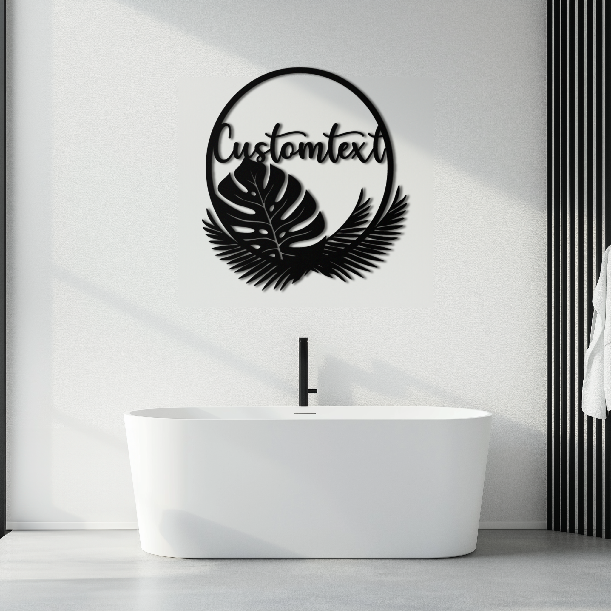 Personalized Tropical Leaves Metal Wall Art – Custom Text Circular Black Steel Decor for Modern Home and Event Spaces- KAF444