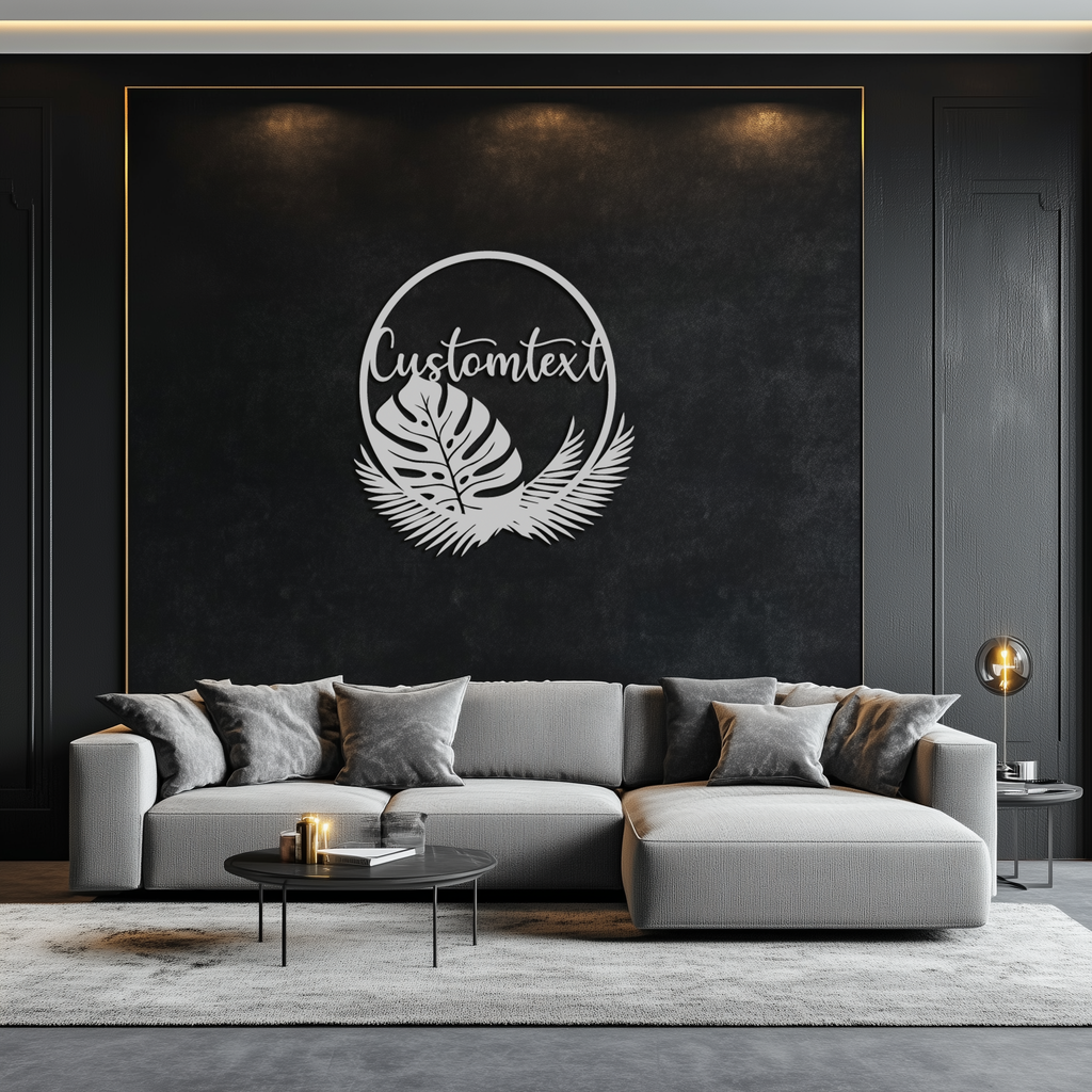 Personalized Tropical Leaves Metal Wall Art – Custom Text Circular Black Steel Decor for Modern Home and Event Spaces- KAF444