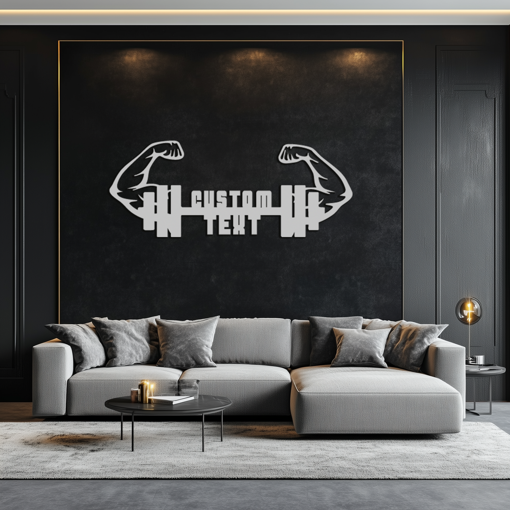 Personalized Fitness Barbell Metal Wall Art – Custom Text Muscular Arms Black Steel Decor for Gym and Workout Spaces- KAF448