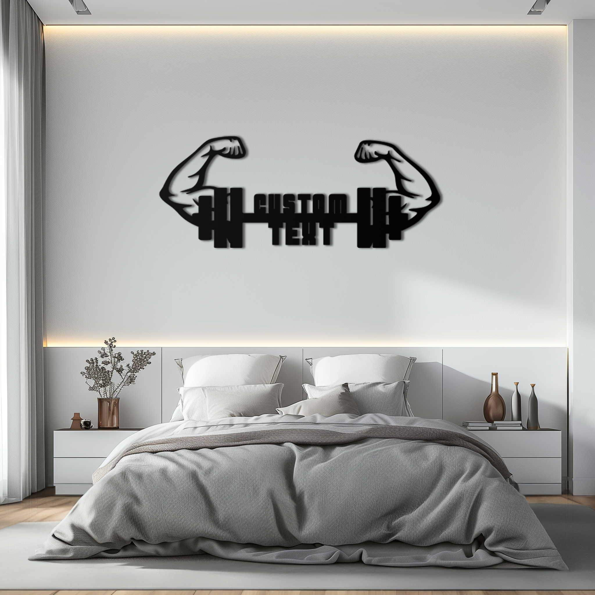 Personalized Fitness Barbell Metal Wall Art – Custom Text Muscular Arms Black Steel Decor for Gym and Workout Spaces- KAF448