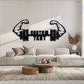 Personalized Fitness Barbell Metal Wall Art – Custom Text Muscular Arms Black Steel Decor for Gym and Workout Spaces- KAF448
