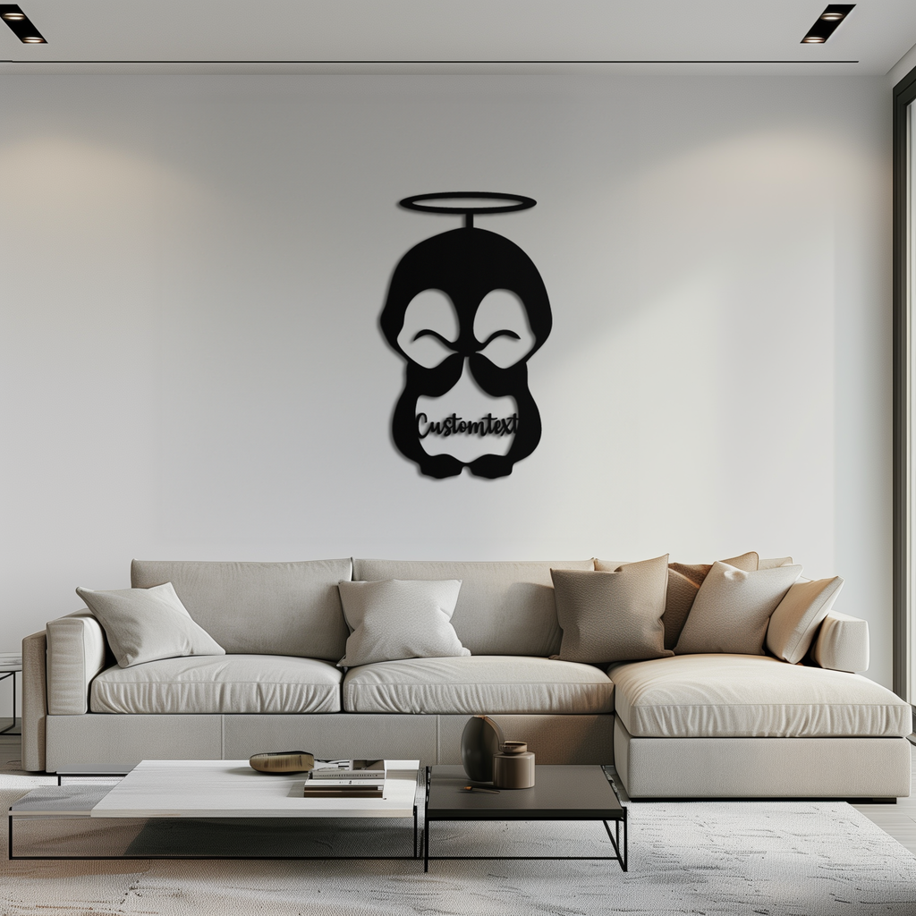 Personalized Cute Angel Penguin Metal Wall Art – Custom Text Adorable Black Steel Decor for Kids Rooms and Nurseries- KAF449