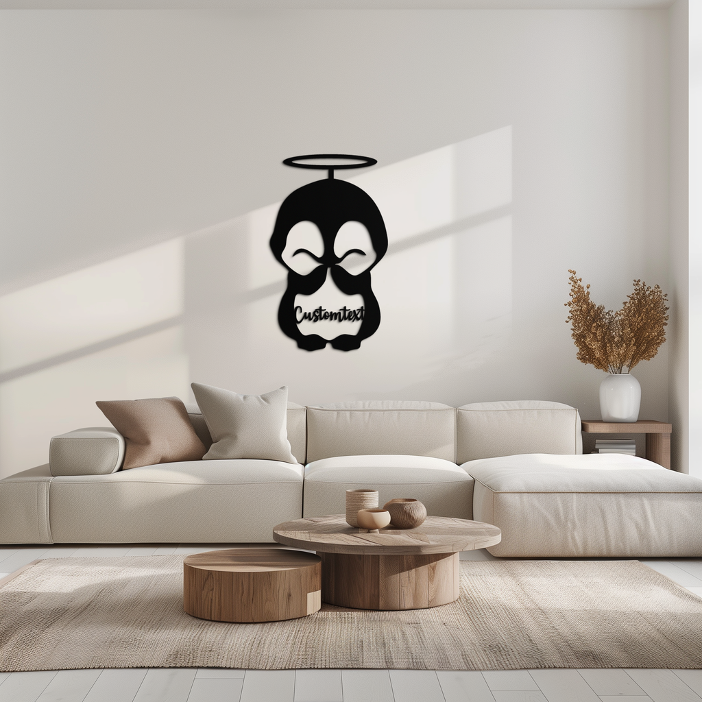 Personalized Cute Angel Penguin Metal Wall Art – Custom Text Adorable Black Steel Decor for Kids Rooms and Nurseries- KAF449
