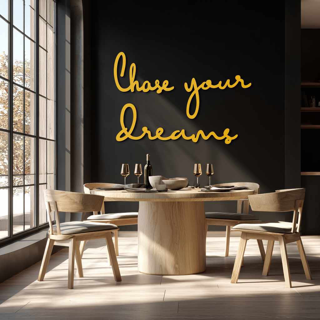 Chase Your Dreams Quote Metal Wall Art – Inspirational Word Sign in Black for Home and Office Decor- KAF454