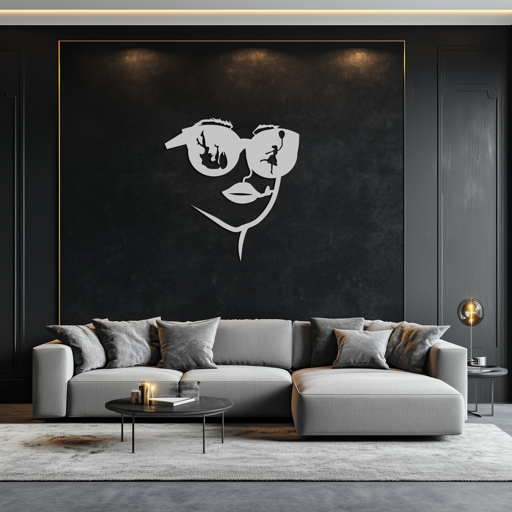 Modern Woman Face with Sunglasses Metal Wall Art – Abstract Reflective Scene Black Steel Decor for Contemporary Interiors- KAF460